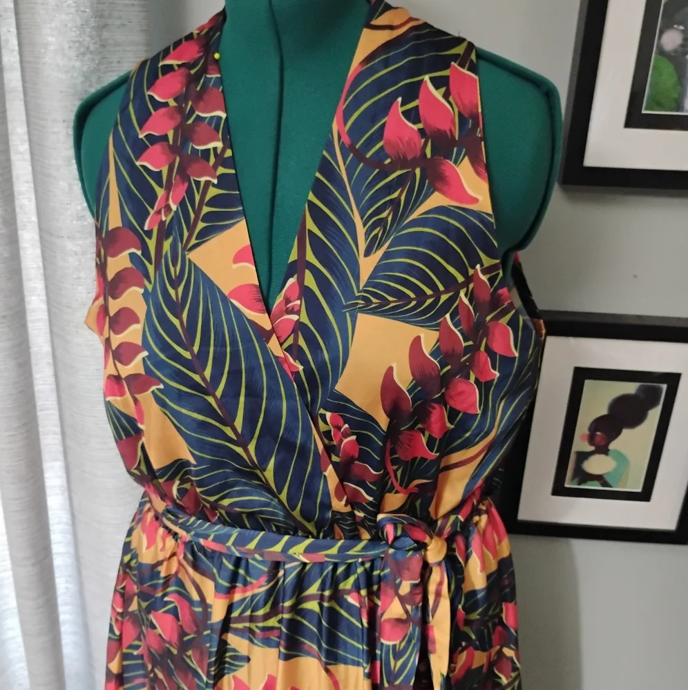 Coolples Tropical Printed V-Neck Sleeveless Maxi Dress, Sz L - Picture 3 of 14
